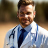man with stethoscope around his neck is wearing white lab coat with blue tie